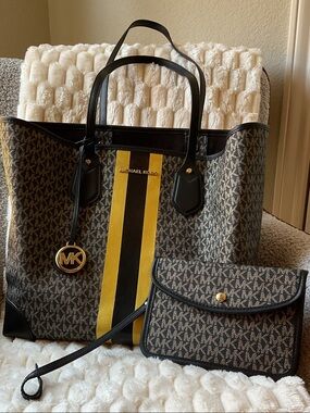 Michael Kors  Eva black and gold MK Monogram Tote.